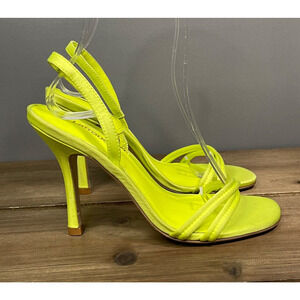 Larroude Women's Annie Sandals Size 5 Lemon Yellow Satin Stiletto Strappy
